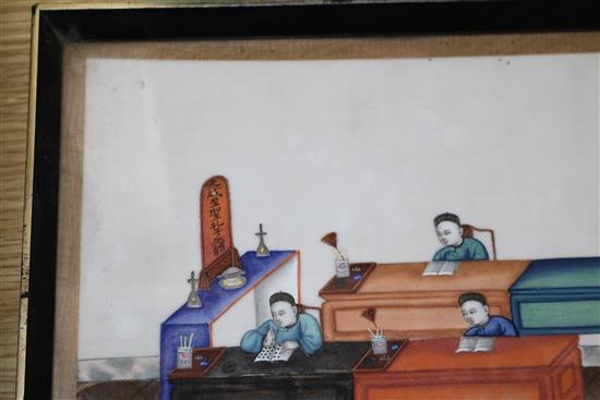 A 19th century Chinese gouache on pith paper, study of a school room 19 x 32cm